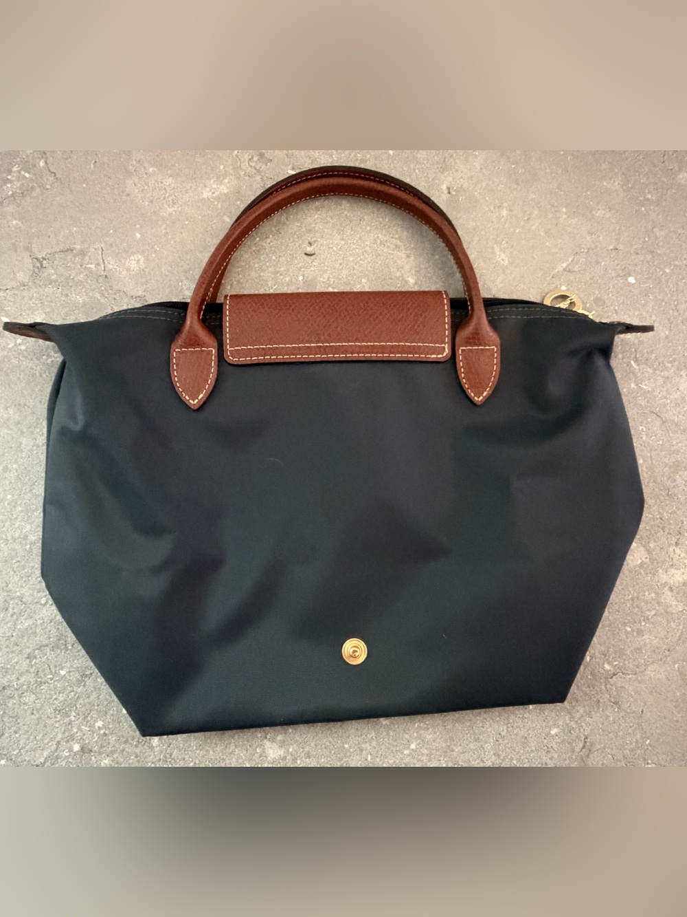 Longchamp Le Pliage Charcoal Nylon Brown Leather Top Handle Bag - Picture 3 of 12